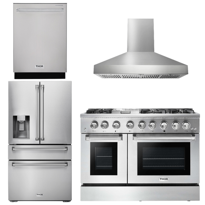 THOR Kitchen Package - 48" Gas Burner, Electric Oven Range, Range Hood, Refrigerator, Dishwasher, AP-HRD4803U-W-7