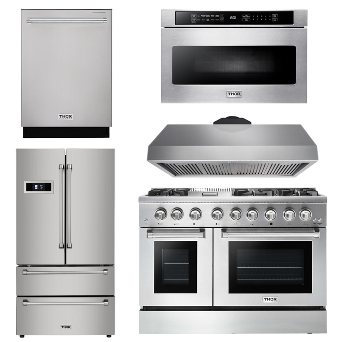 Thor Kitchen Package - 48" Dual Fuel Range, Range Hood, Refrigerator, Dishwasher, Microwave, AP-HRD4803U-7