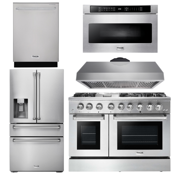 Thor Kitchen Package - 48" Dual Fuel Range, Range Hood, Refrigerator with Water and Ice Dispenser, Dishwasher, Microwave