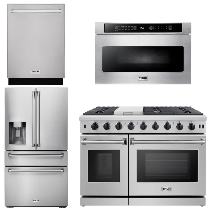 Thor Kitchen Package - 48" Propane Gas Range, Dishwasher, Refrigerator with Water and Ice Dispenser, Microwave, AP-LRG4807ULP-12