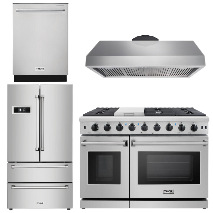 Thor Kitchen Package - 48" Gas Range, Range Hood, Dishwasher, Refrigerator, AP-LRG4807U-3