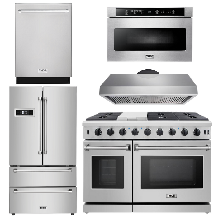 Thor Kitchen Package - 48" Gas Range, Range Hood, Dishwasher, Refrigerator, Microwave, AP-LRG4807U-7