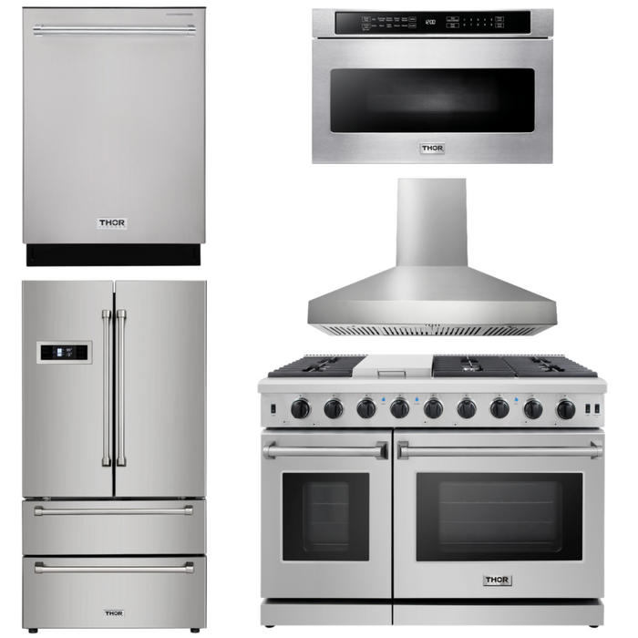 Thor Kitchen Package - 48" Propane Gas Range, Range Hood, Dishwasher, Refrigerator, Microwave, AP-LRG4807ULP-W-5