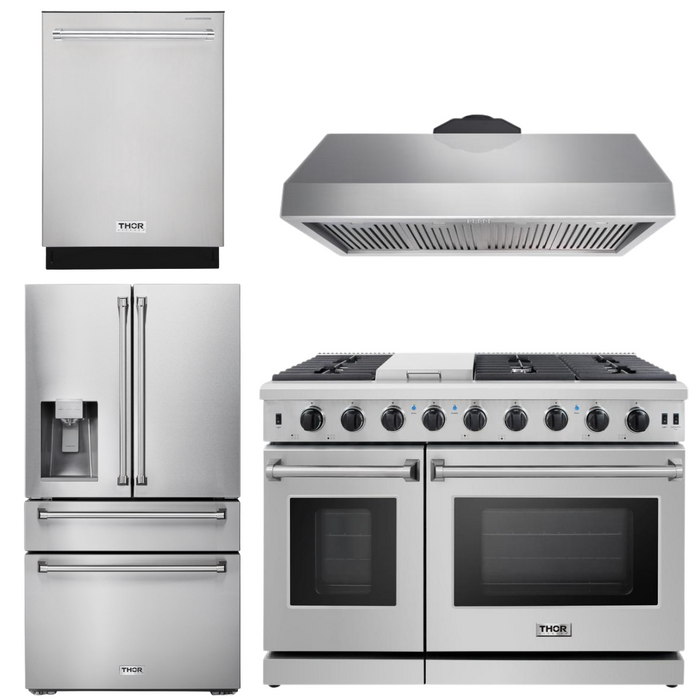 Thor Kitchen Package - 48" Gas Range, Range Hood, Dishwasher, Refrigerator with Water and Ice Dispenser, AP-LRG4807U-10