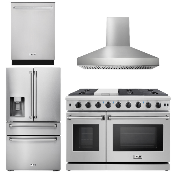 Thor Kitchen Package - 48" Propane Gas Range, Range Hood, Dishwasher, Refrigerator with Water and Ice Dispenser, AP-LRG4807ULP-W-7