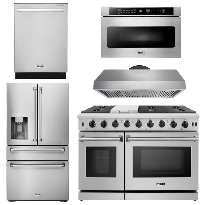 Thor Kitchen Package - 48" Gas Range, Range Hood, Dishwasher, Refrigerator with Water and Ice Dispenser, Microwave, AP-LRG4807U-13