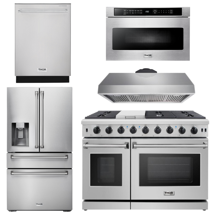 THOR Kitchen Package - 48" Propane Gas Range, Range Hood, Dishwasher, Refrigerator with Water and Ice Dispenser, Microwave, AP-LRG4807ULP-13