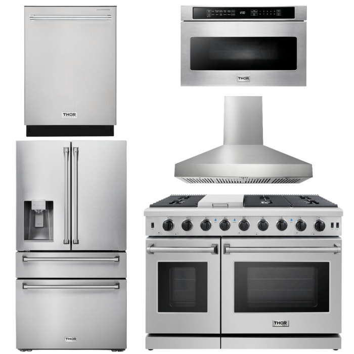 Thor Kitchen Package - 48" Propane Gas Range, Range Hood, Dishwasher, Refrigerator with Water and Ice Dispenser, Microwave, AP-LRG4807ULP-W-9