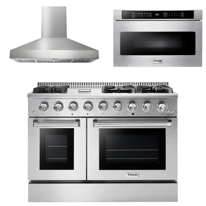THOR Kitchen Package - 48" Propane Gas Range, Range Hood, Microwave, AP-HRG4808ULP-W-4