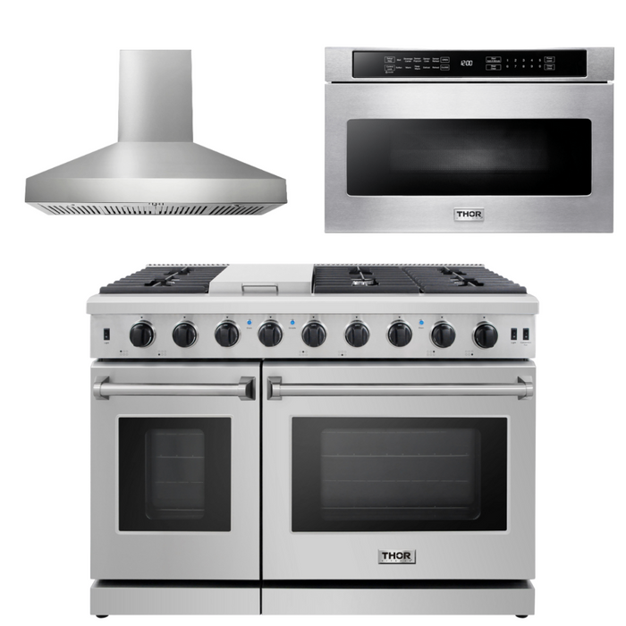 Thor Kitchen Package - 48" Propane Gas Range, Range Hood, Microwave, AP-LRG4807ULP-W-4