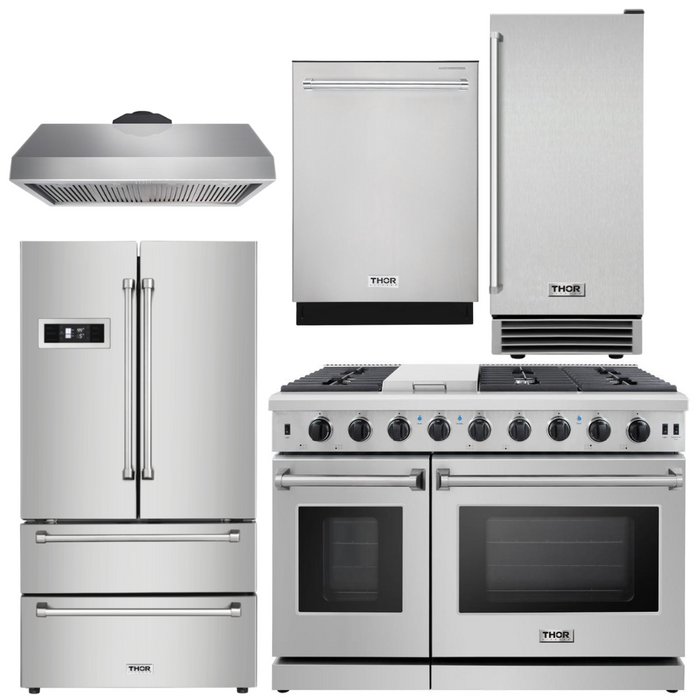 Thor Kitchen Package - 48" Gas Range, Range Hood, Refrigerator, Dishwasher, Ice Maker, AP-LRG4807U-21