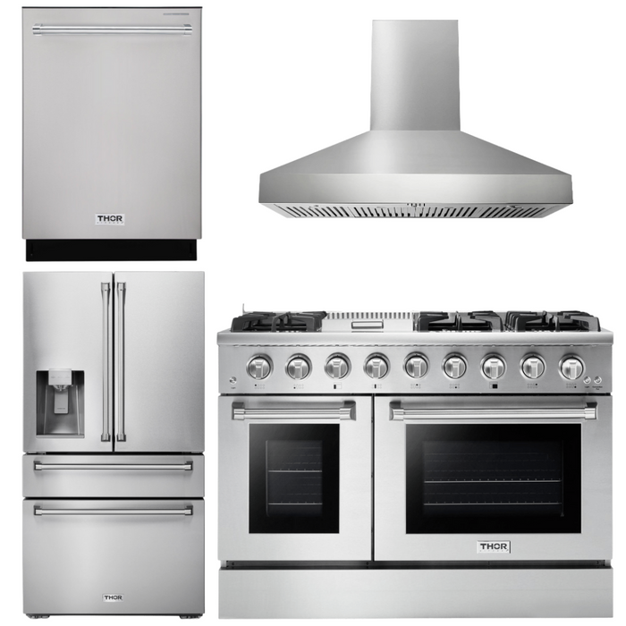 Thor Kitchen Package - 48" Gas Range, Range Hood, Refrigerator with Water and Ice Dispenser, Dishwasher, AP-HRG4808U-W-7