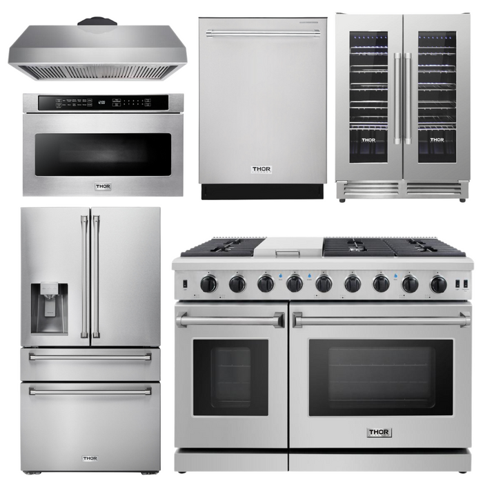 THOR Kitchen Package - 48" Gas Range, Range Hood, Refrigerator with Water and Ice Dispenser, Dishwasher, Wine Cooler, Microwave, AP-LRG4807U-14