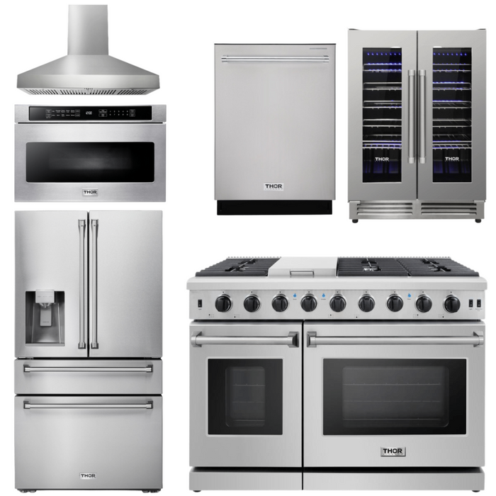 THOR Kitchen Package - 48" Propane Gas Range, Range Hood, Refrigerator, Dishwasher, Wine Cooler, Microwave