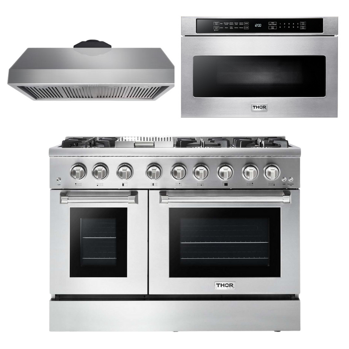 Thor Kitchen Package - 48" Propane Dual Fuel Range, Range Hood, Microwave, AP-HRD4803ULP-5