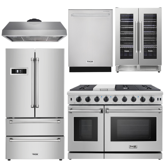 Thor Kitchen Package - 48" Propane Gas Range, Range Hood, Refrigerator, Dishwasher, Wine Cooler, AP-LRG4807ULP-4