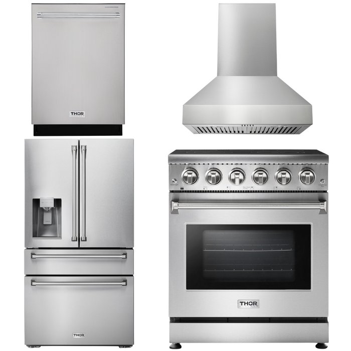 Thor Kitchen Package - Professional 30" Electric Range, Range Hood, Refrigerator with Water and Ice Dispenser, Dishwasher, AP-HRE3001-W-7