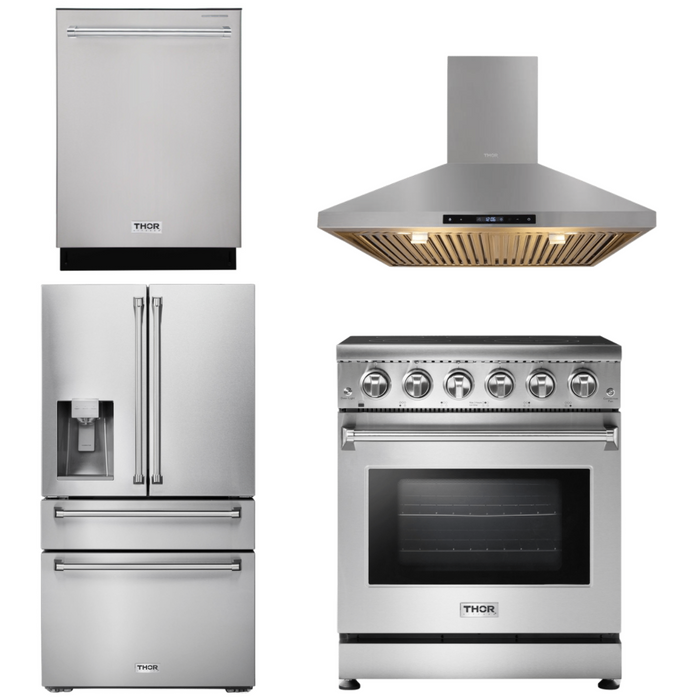 Thor Kitchen Package - 30" Electric Range, Range Hood, Refrigerator with Water and Ice Dispenser, Dishwasher