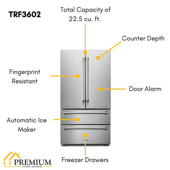 Thor Kitchen Professional 36 In. Counter Depth 22.5 cu. ft. Refrigerator Stainless Steel, TRF3602