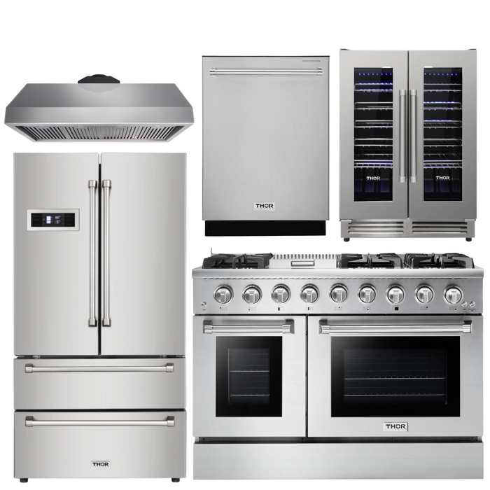 Thor Kitchen Package - 48" Gas Range, Range Hood, Refrigerator, Dishwasher, Wine Cooler, AP-HRG4808U-4