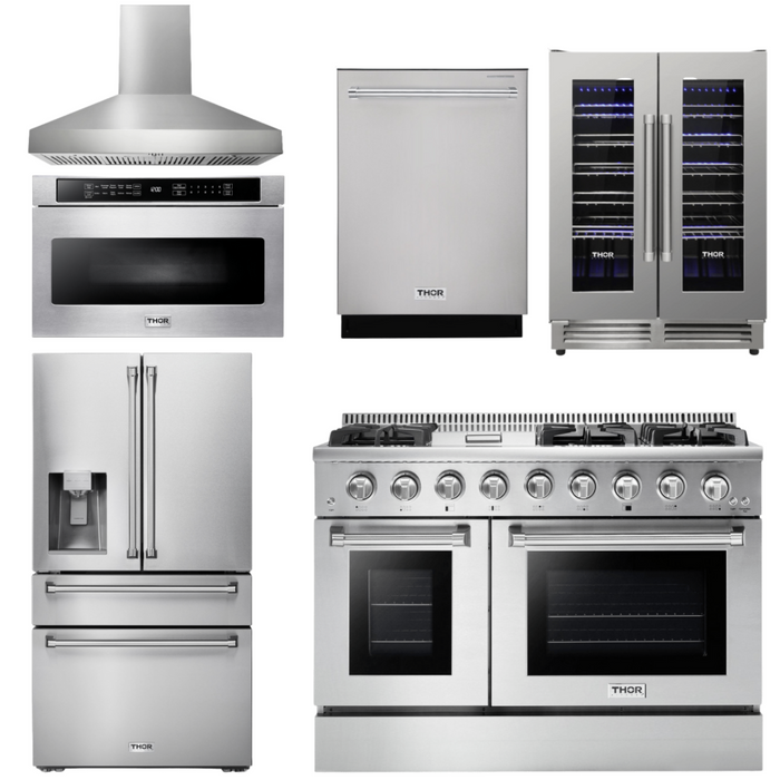 THOR Kitchen Package - 48" Propane Gas Range, Range Hood, Refrigerator with Water and Ice Dispenser, Dishwasher, Microwav, Wine Cooler