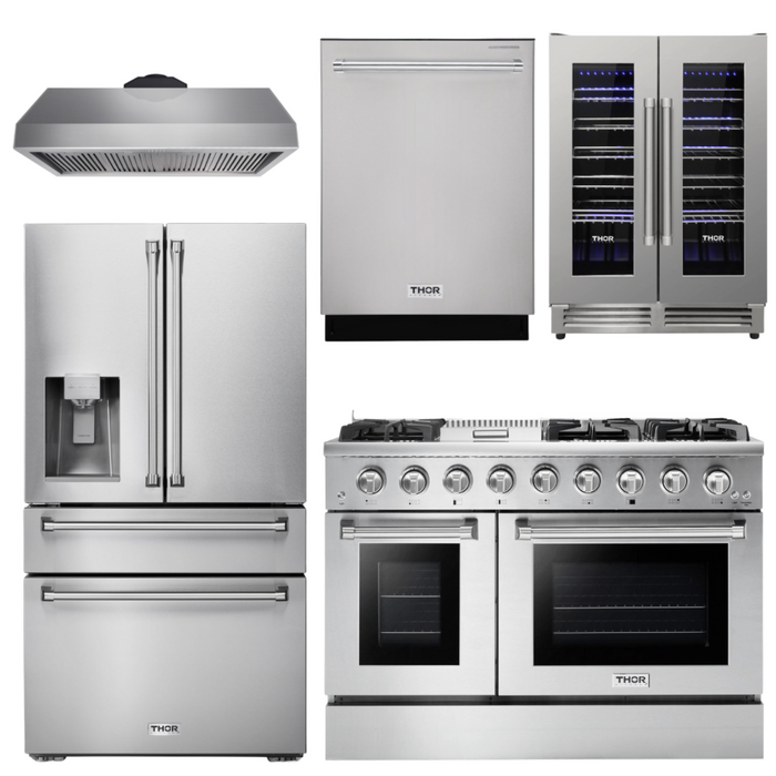 THOR Kitchen Package - 48" Propane Gas Range, Range Hood, Refrigerator with Water and Ice Dispenser, Dishwasher, Wine Cooler, AP-HRG4808ULP-11