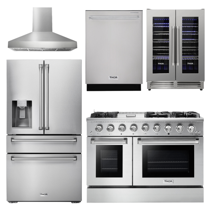 Thor Package - 48" Propane Gas Range, Range Hood, Refrigerator with Water & Ice Dispenser, Dishwasher, Wine Cooler