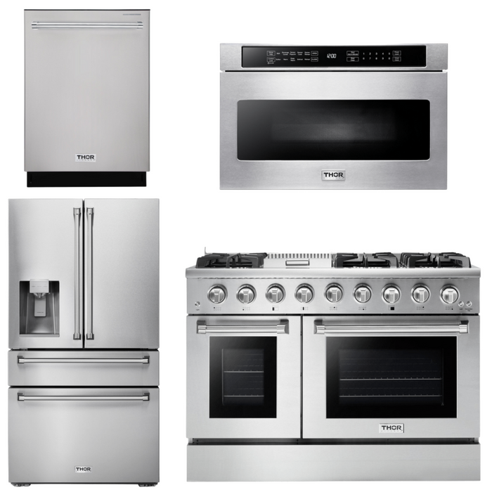 THOR Kitchen Package - 48" Gas Range, Refrigerator with Water and Ice Dispenser, Dishwasher, Microwave, AP-HRG4808U-12