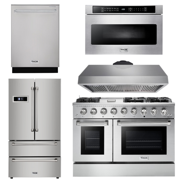 Thor Kitchen Package 48" Gas Range, Range Hood, Refrigerator, Dishwasher, Microwave, AP-HRG4808U-7