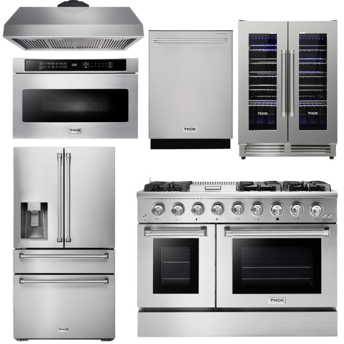 THOR Package - 48" Propane Gas Range, Range Hood, Refrigerator, Dishwasher, Microwave, Wine Cooler