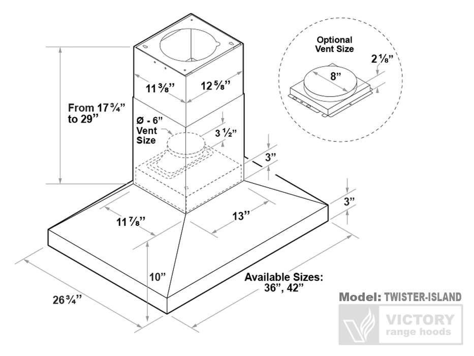 36 Inch Island Range Hood 750 CFM - VICTORY Twister Island