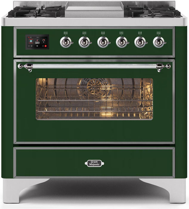 ILVE Majestic II 36" Dual Fuel Propane Gas Range in Emerald Green with Chrome Trim, UM09FDNS3EGCLP