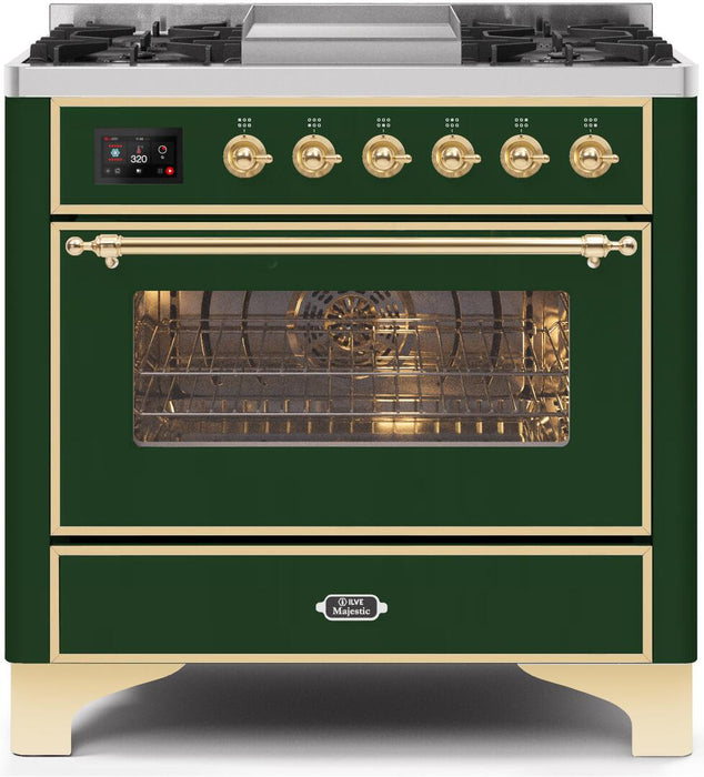 ILVE Majestic II 36" Dual Fuel Propane Gas Range in Emerald Green with Brass Trim, UM09FDNS3EGGLP