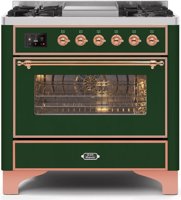 ILVE Majestic II 36" Dual Fuel Propane Gas Range in Emerald Green with Copper Trim, UM09FDNS3EGPLP