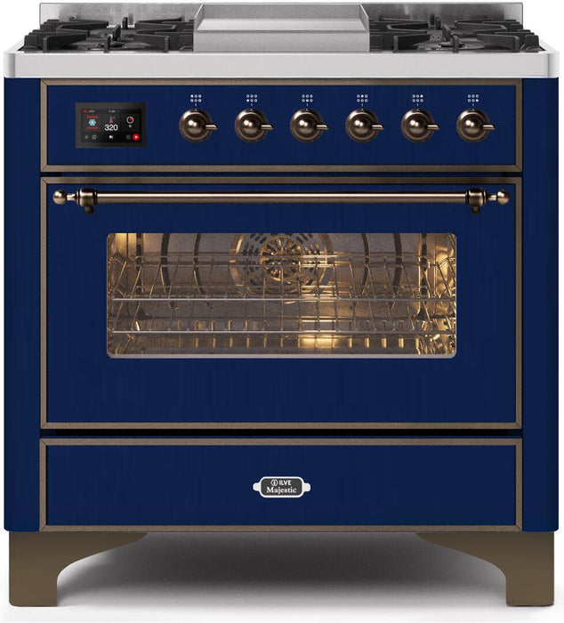 ILVE Majestic II 36" Dual Fuel Propane Gas Range in Blue with Bronze Trim, UM09FDNS3MBBLP