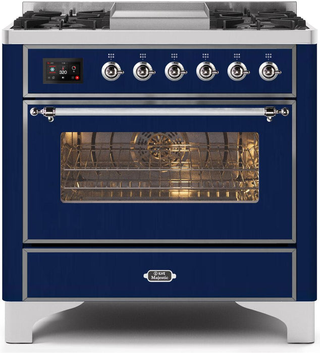 ILVE Majestic II 36" Dual Fuel Propane Gas Range in Blue with Chrome Trim, UM09FDNS3MBCLP