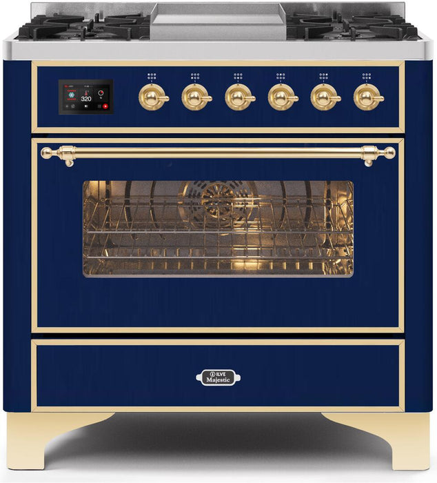 ILVE Majestic II 36" Dual Fuel Propane Gas Range in Blue with Brass Trim, UM09FDNS3MBGLP