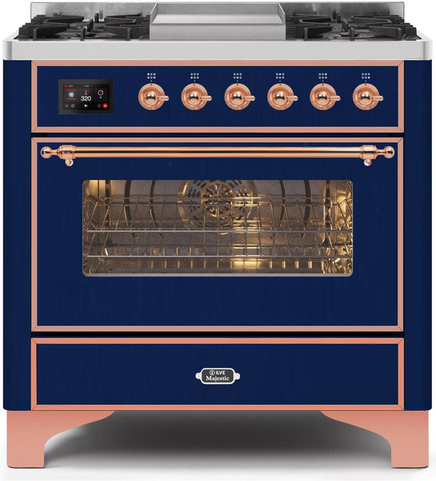 ILVE Majestic II 36" Dual Fuel Propane Gas Range in Blue with Copper Trim, UM09FDNS3MBPLP