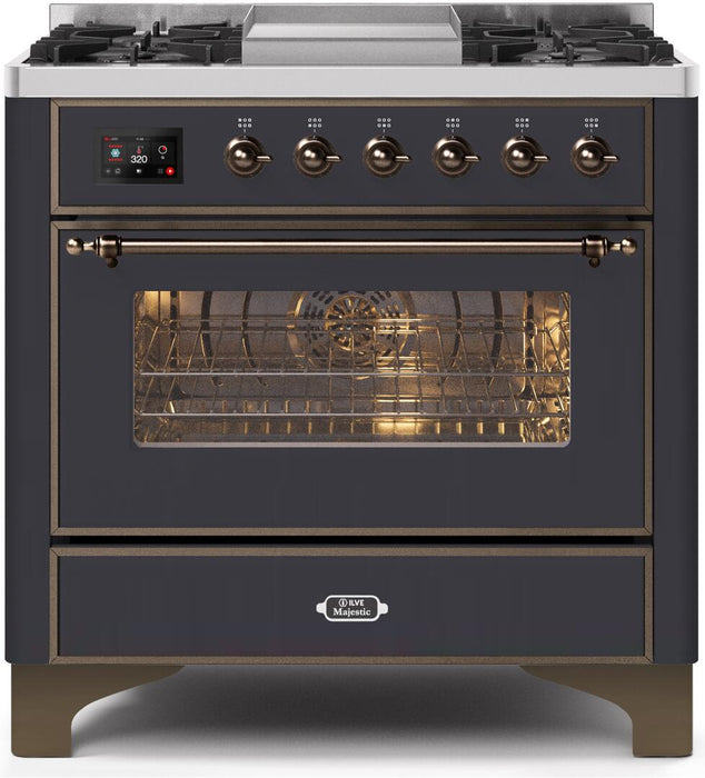 ILVE Majestic II 36" Dual Fuel Natural Gas Range in Matte Graphite with Bronze Trim, UM09FDNS3MGB