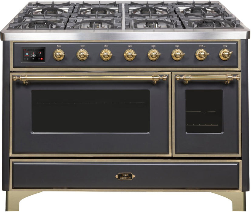 ILVE Majestic II 48" Dual Fuel Propane Gas Range in Matte Graphite with Brass Trim, UM12FDNS3MGGLP