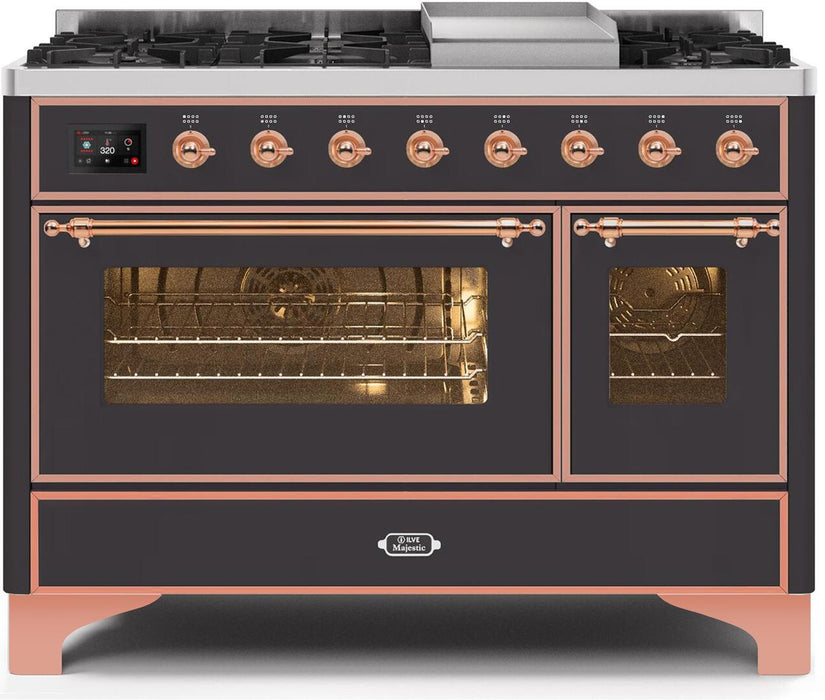 ILVE Majestic II 48" Dual Fuel Propane Gas Range in Matte Graphite with Copper Trim, UM12FDNS3MGPLP