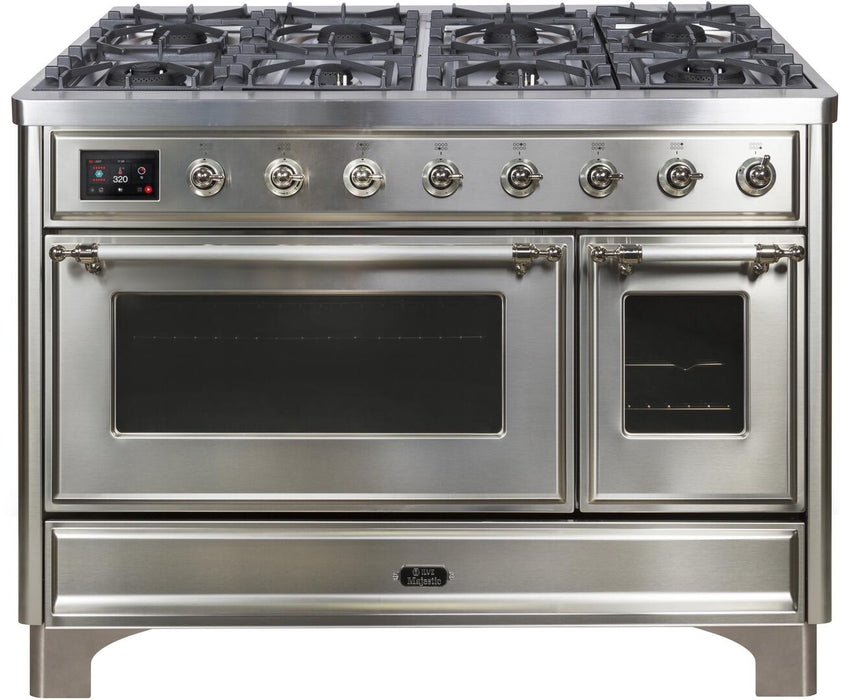 ILVE Majestic II 48" Dual Fuel Propane Gas Range in Stainless Steel with Chrome Trim, UM12FDNS3SSCLP