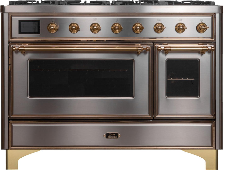 ILVE Majestic II 48" Dual Fuel Natural Gas Range in Stainless Steel with Brass Trim, UM12FDNS3SSG