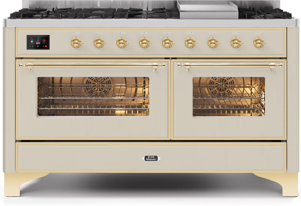 ILVE Majestic II 60" Dual Fuel Propane Gas Range in Antique White with Brass Trim, UM15FDNS3AWGLP