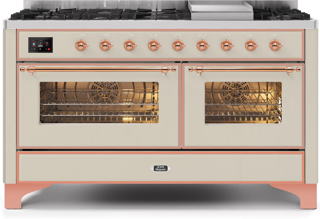 ILVE Majestic II 60" Dual Fuel Propane Gas Range in Antique White with Copper Trim, UM15FDNS3AWPLP