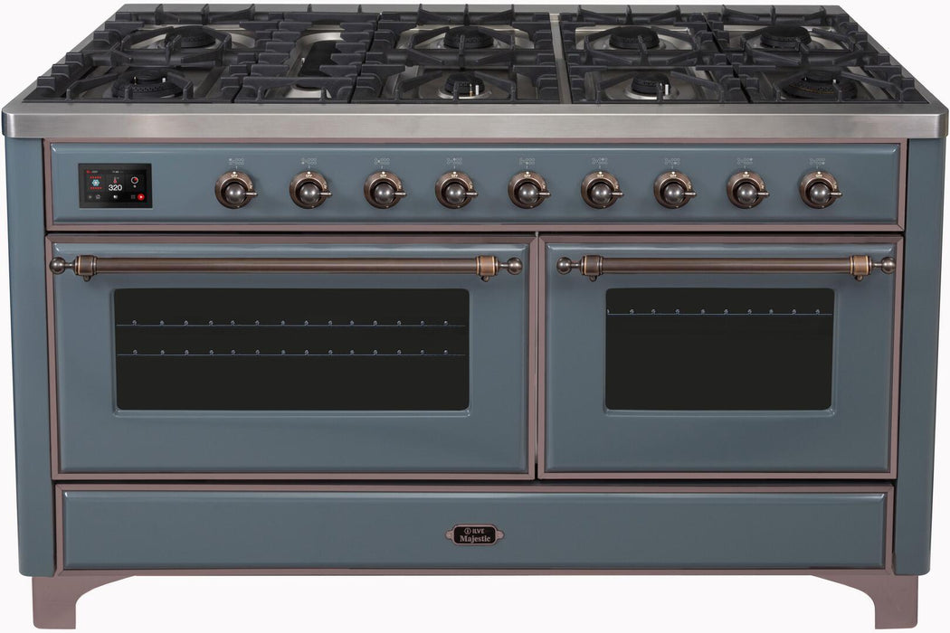 ILVE Majestic II 60" Dual Fuel Propane Gas Range in Blue Grey with Bronze Trim, UM15FDNS3BGBLP