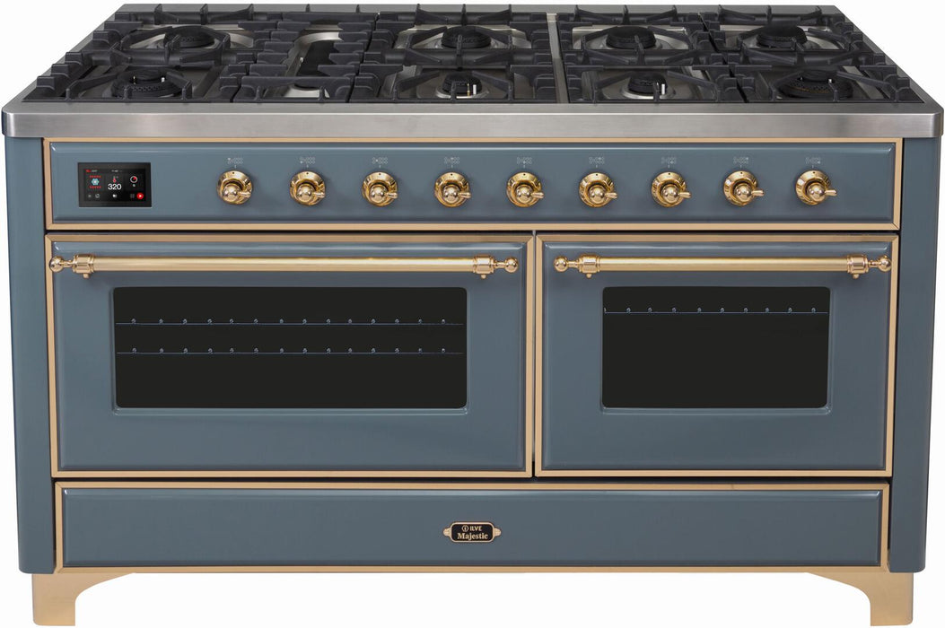 ILVE Majestic II 60" Dual Fuel Propane Gas Range in Blue Grey with Brass Trim, UM15FDNS3BGGLP