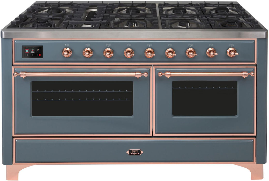 ILVE Majestic II 60" Dual Fuel Propane Gas Range in Blue Grey with Copper Trim, UM15FDNS3BGPLP