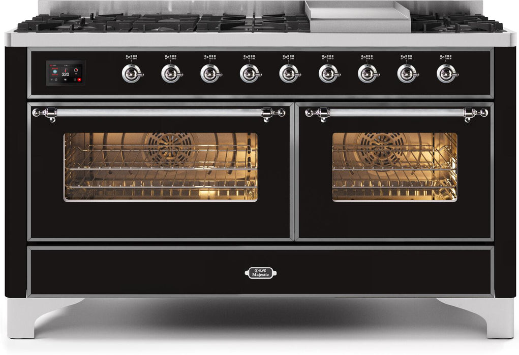 ILVE Majestic II 60" Dual Fuel Propane Gas Range in Glossy Black with Chrome Trim, UM15FDNS3BKCLP