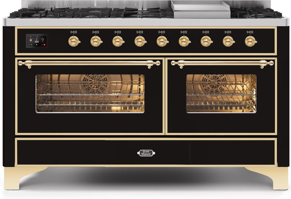 ILVE Majestic II 60" Dual Fuel Propane Gas Range in Glossy Black with Brass Trim, UM15FDNS3BKGLP